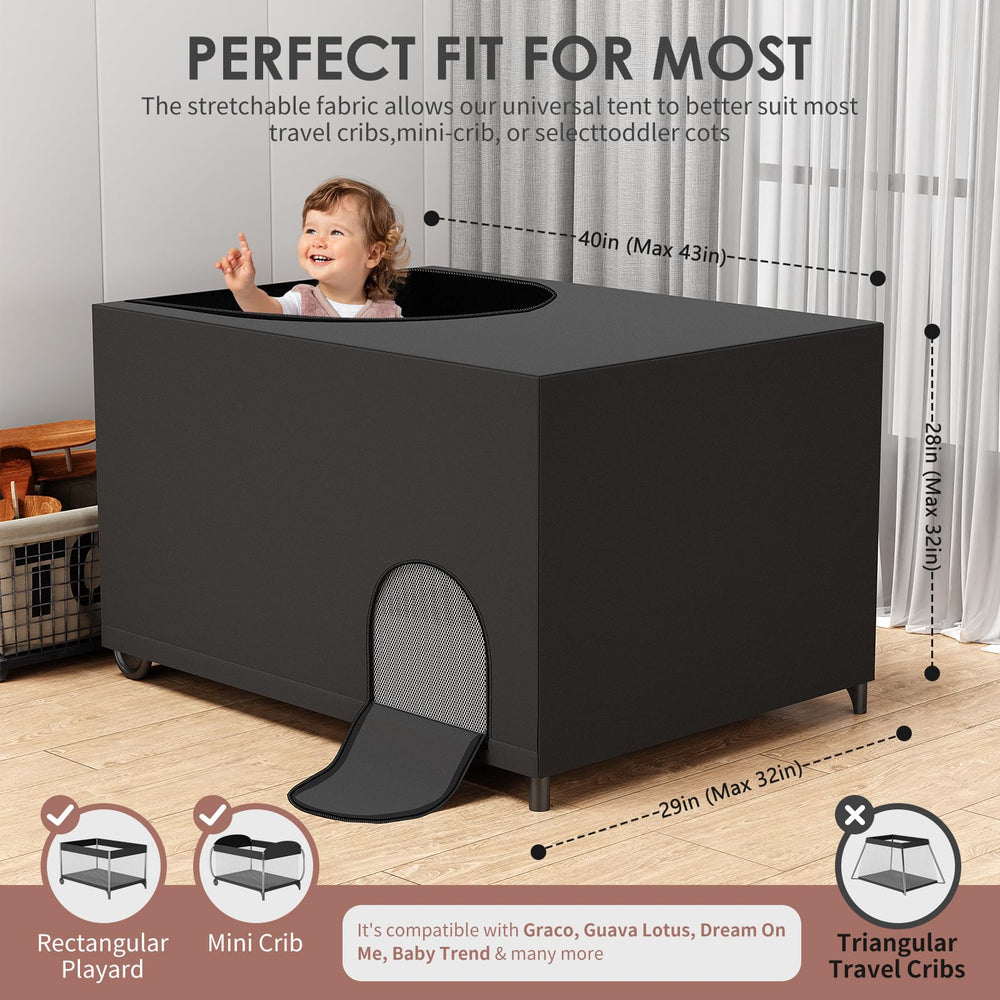 JIUKONG blackout cover on a travel crib providing portable shade.