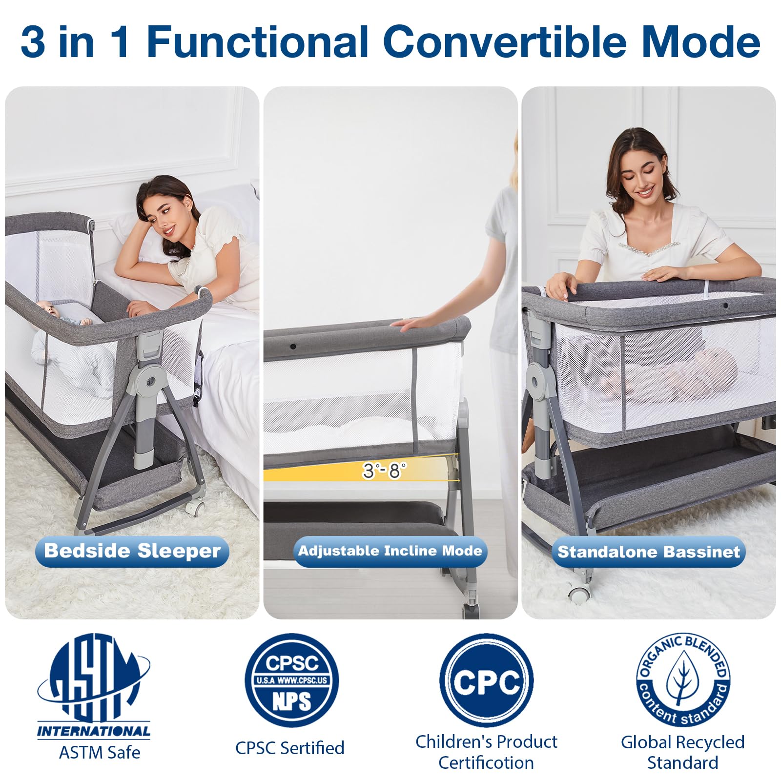 Jixrolyn bedside bassinet attachment beside the bed for easy access.