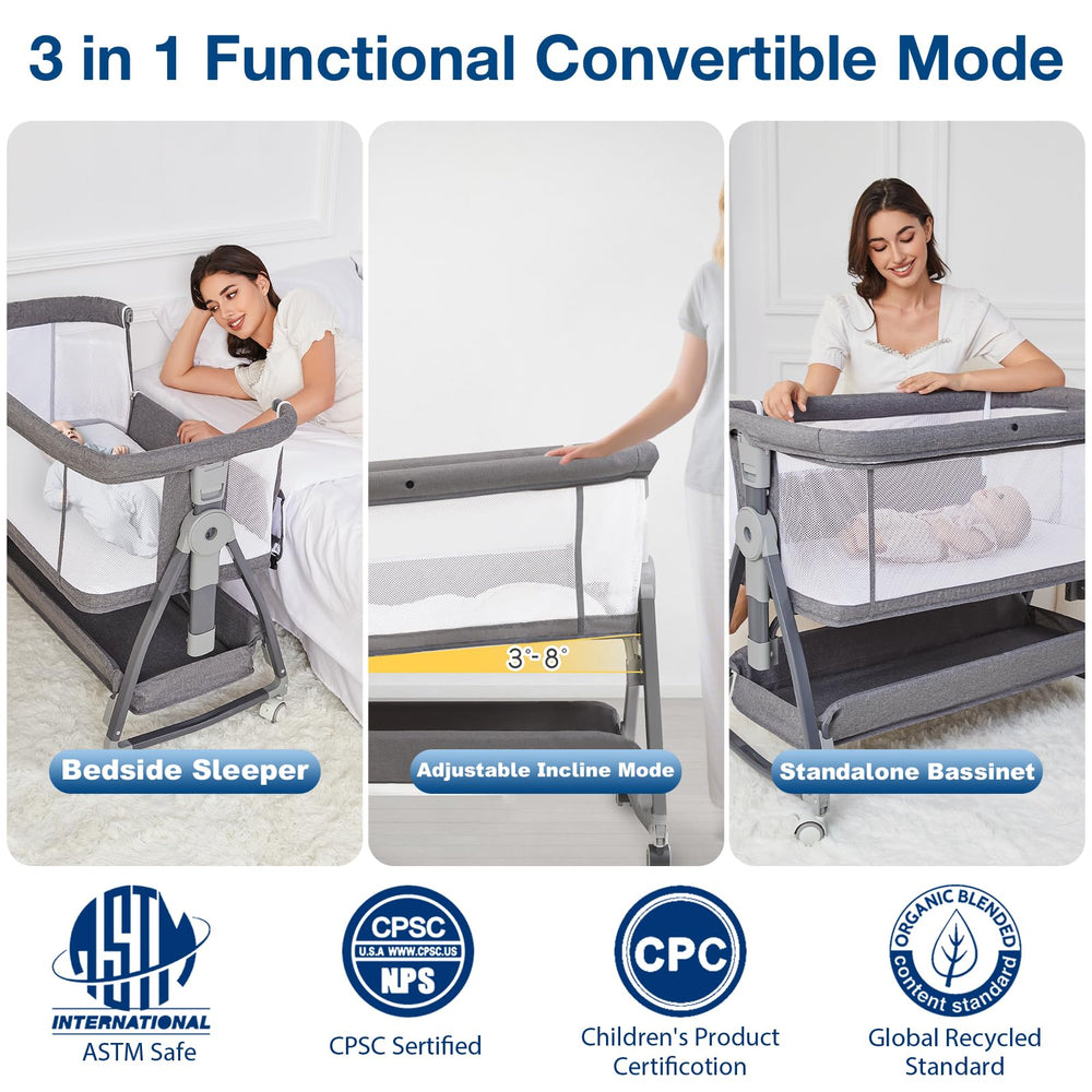 Jixrolyn bedside bassinet attachment beside the bed for easy access.
