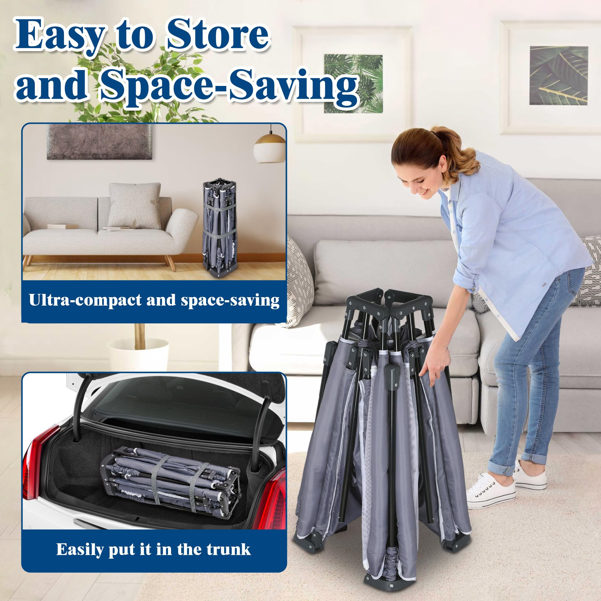 Jixrolyn foldable playpen with mat folded for compact storage and transport.