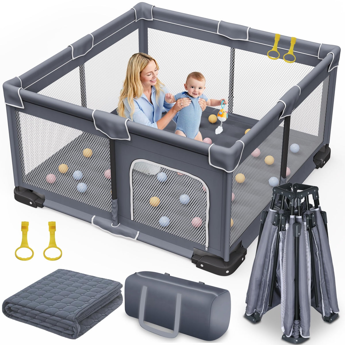 Jixrolyn foldable baby playpen with mat open for spacious, safe play.