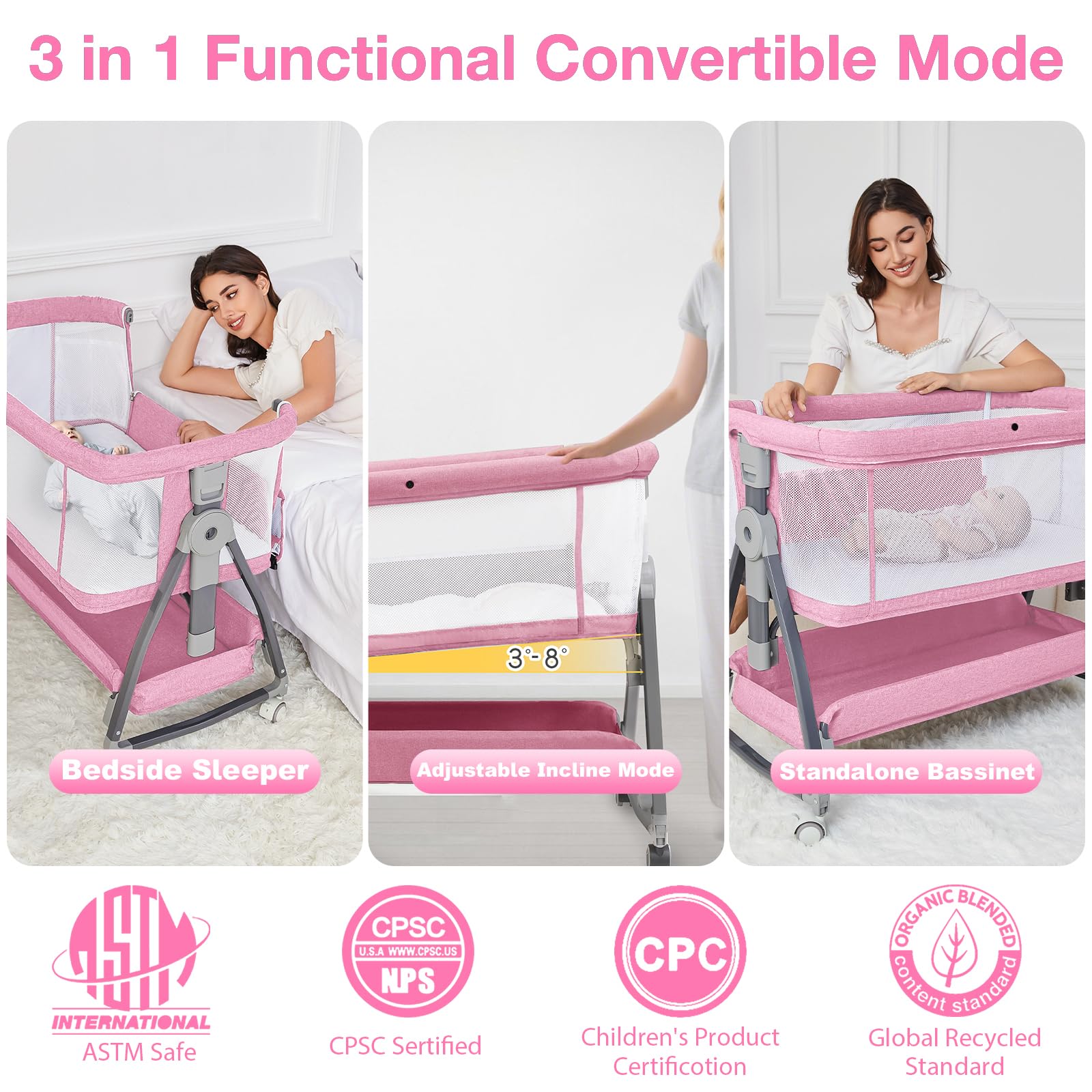 Jixrolyn pink bassinet all-around air mesh provides visibility and breathability.