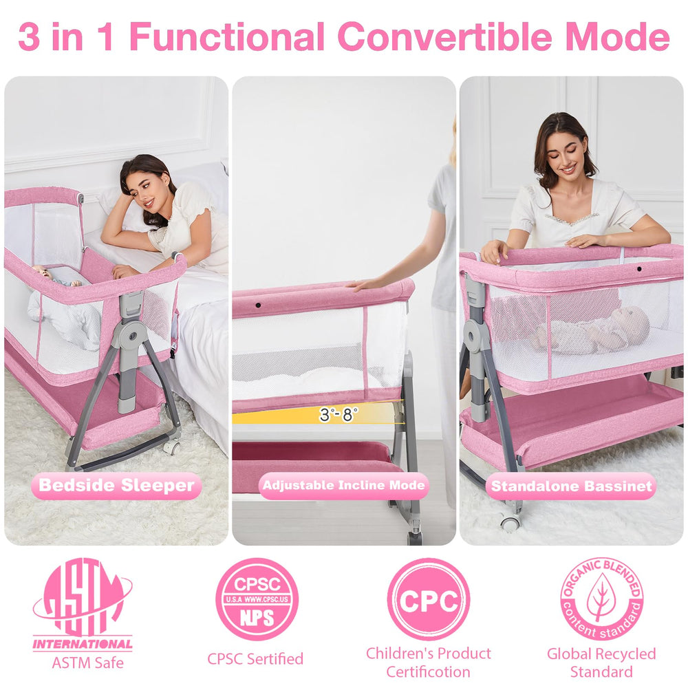 Jixrolyn pink bassinet all-around air mesh provides visibility and breathability.