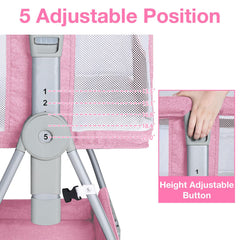 Jixrolyn pink bassinet height adjustable to fit different bed heights.