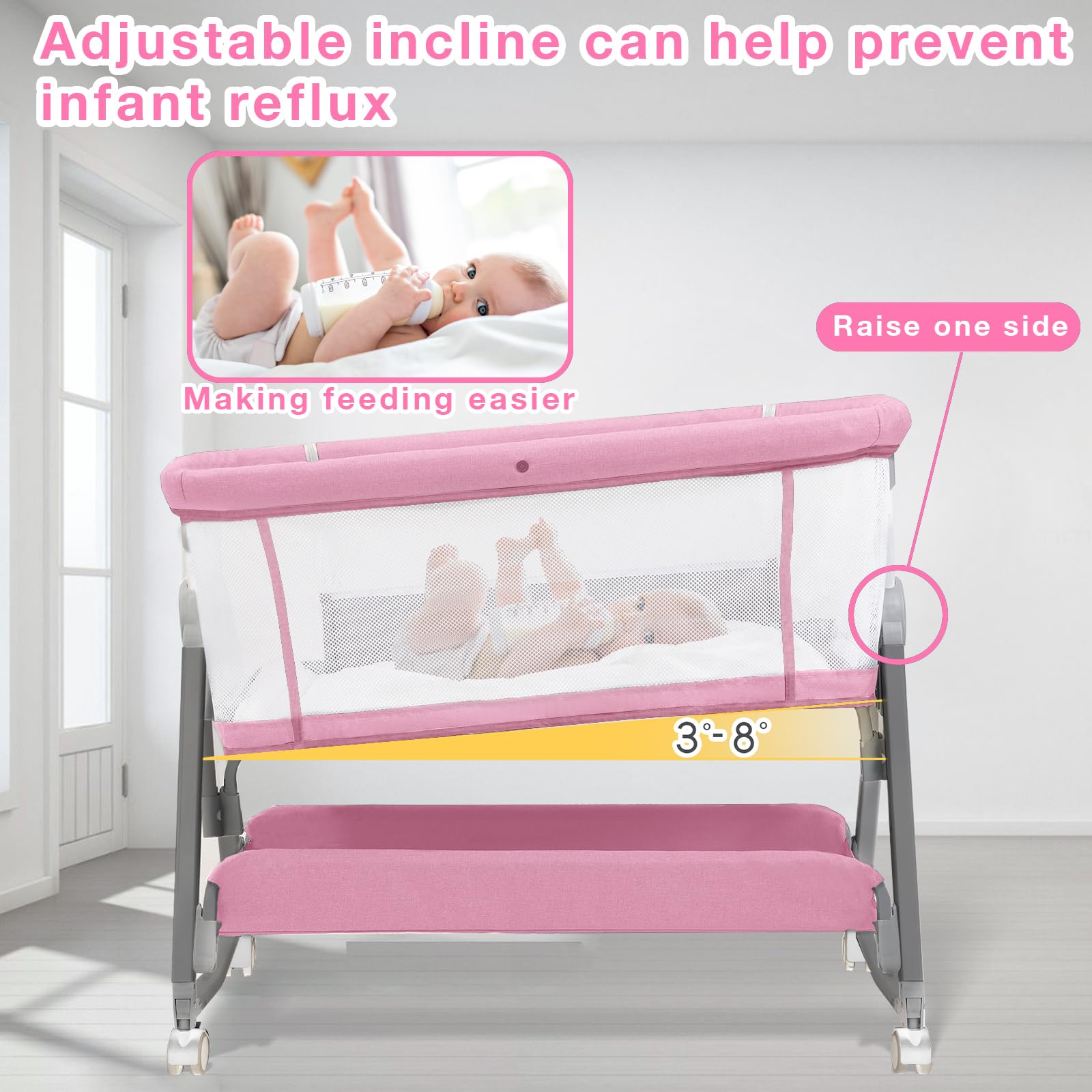 Jixrolyn pink bassinet includes a handy storage basket for essentials.