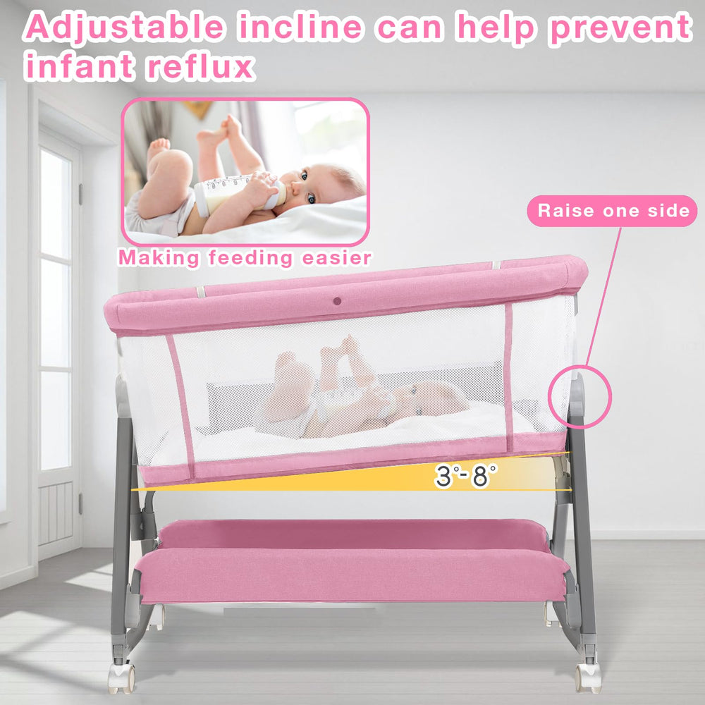 Jixrolyn pink bassinet includes a handy storage basket for essentials.