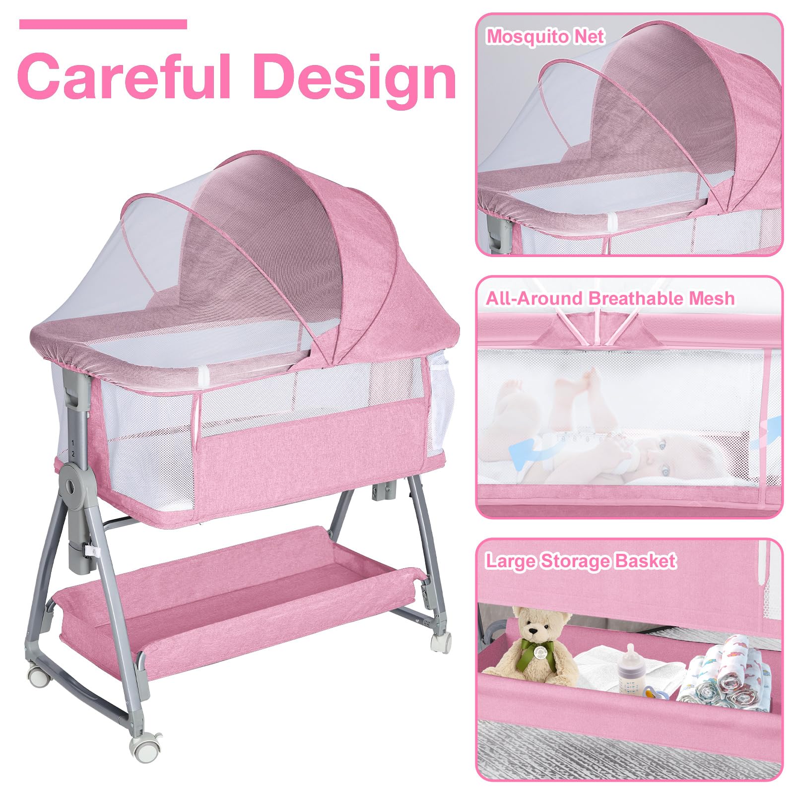 Jixrolyn pink bassinet with four wheels and brakes for secure mobility.