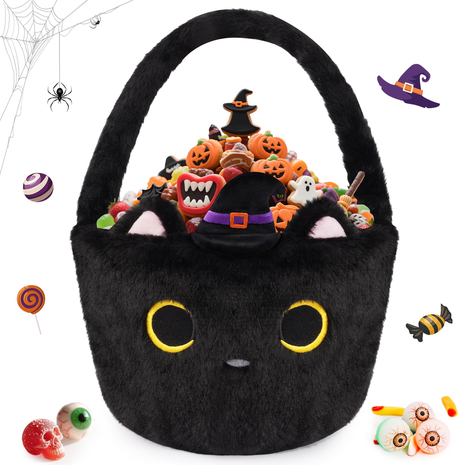 JIZWPOOM Black Cat Plush Halloween basket with embroidered face for candy storage.