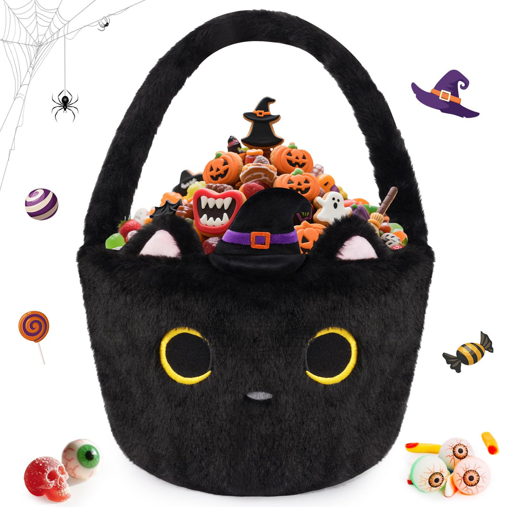 JIZWPOOM Black Cat Plush Halloween basket with embroidered face for candy storage.