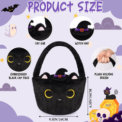 JIZWPOOM Ghostly witch hat detail on black cat plush Halloween basket.