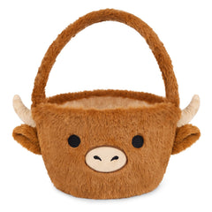 JIZWPOOM Highland Cow plush Easter basket for kids, soft and cuddly decor for egg hunts.