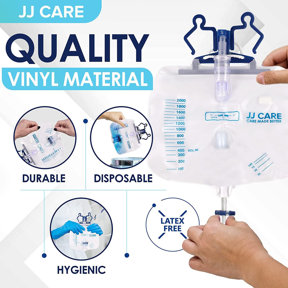 JJ CARE disposable vinyl bag shown for simple post-use disposal.