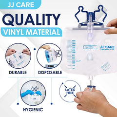 JJ CARE disposable vinyl bag shown for simple post-use disposal.