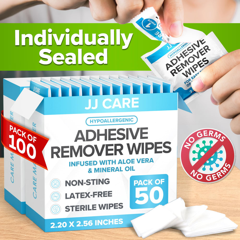 JJ CARE latex-free adhesive remover wipes suitable for sensitive skin.