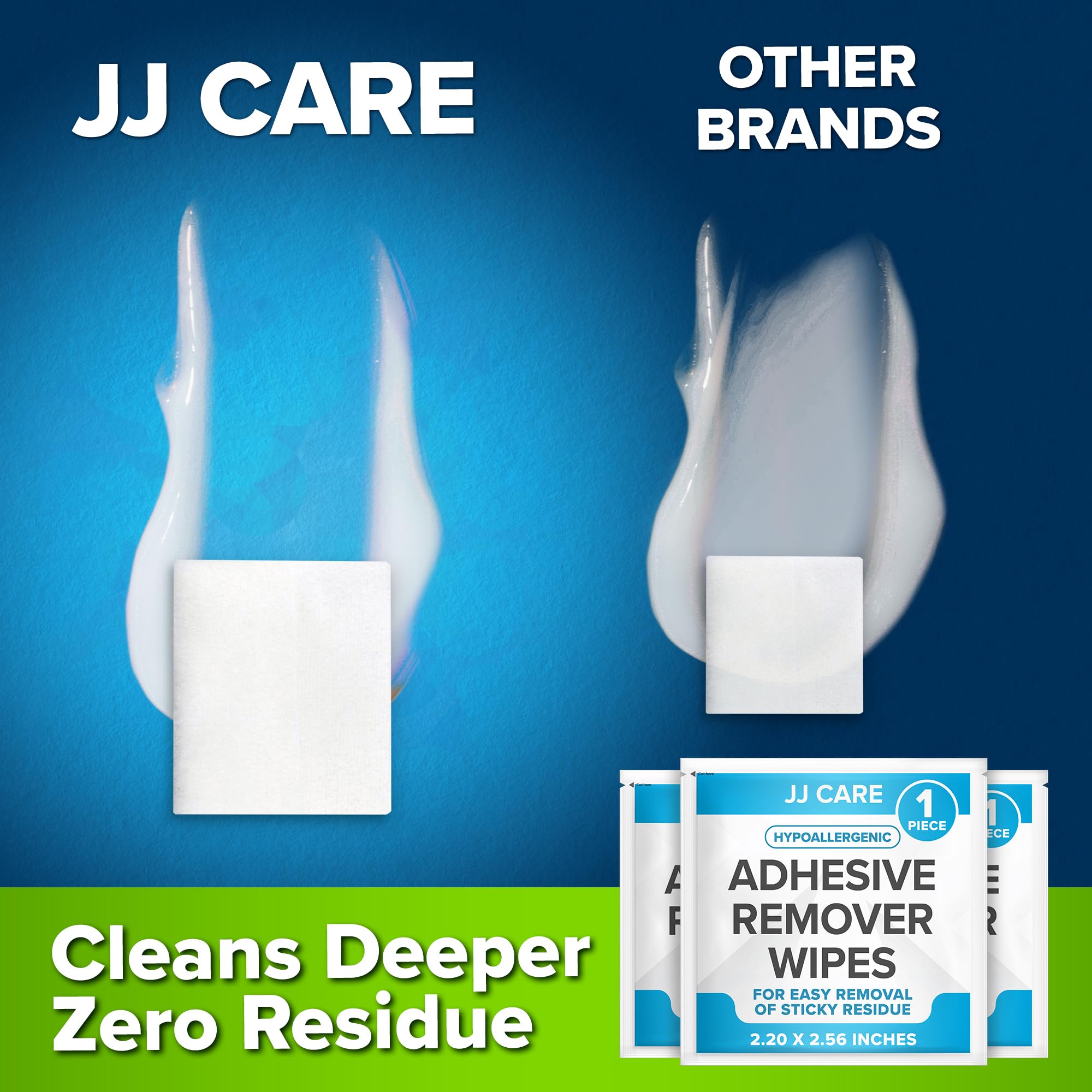 JJ CARE non-greasy adhesive remover wipes leave no oily residue.