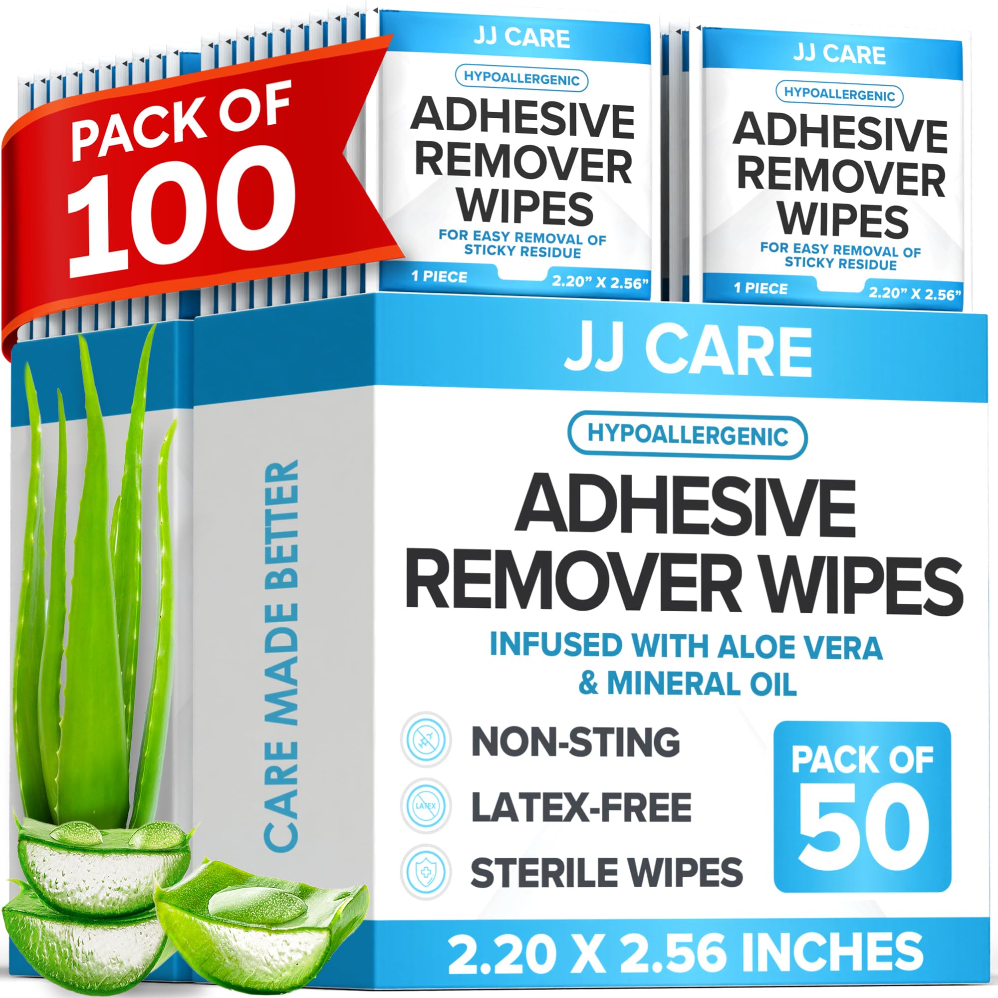 JJ CARE adhesive remover wipes pack of 100 for easy dressing changes and residue removal.