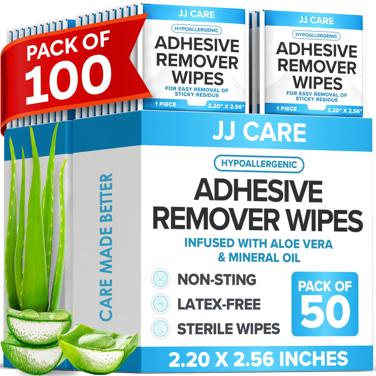 JJ CARE adhesive remover wipes pack of 100 for easy dressing changes and residue removal.