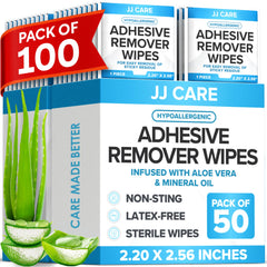 JJ CARE adhesive remover wipes pack of 100 for easy dressing changes and residue removal.