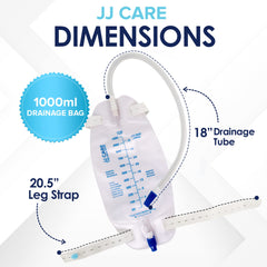 JJ CARE urinary bag with 18 inch drainage tube for easy drainage into a container