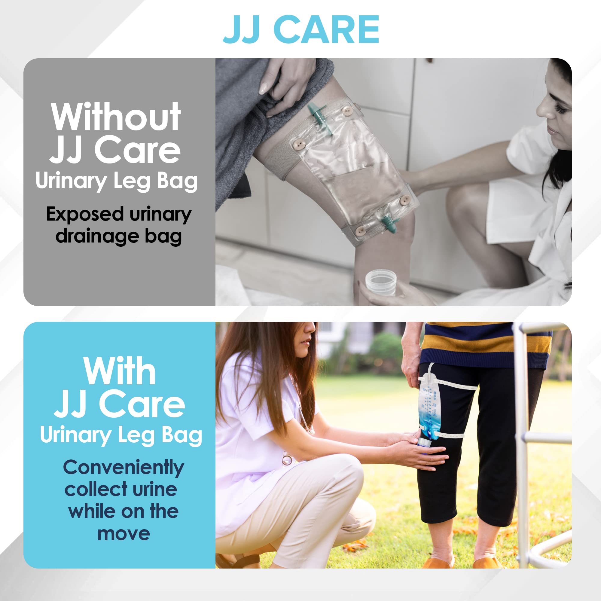 JJ CARE anti-reflux valve on the urinary bag reduces backflow