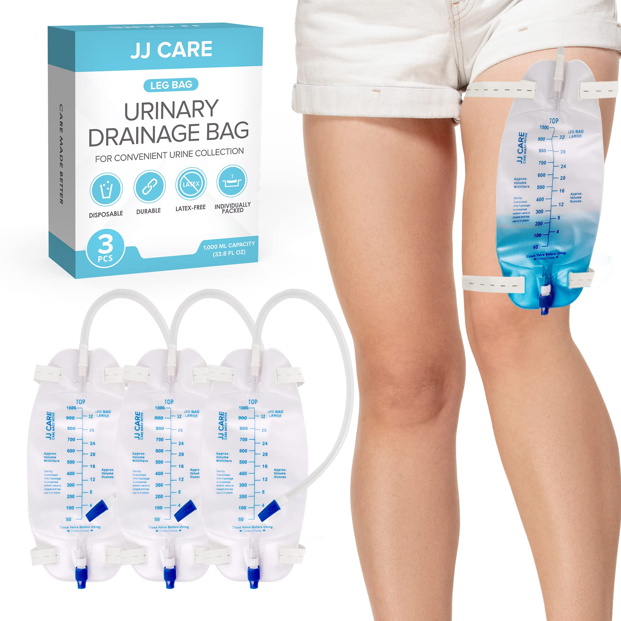 JJ CARE urinary drainage bag with 1000 ml capacity for reliable collection