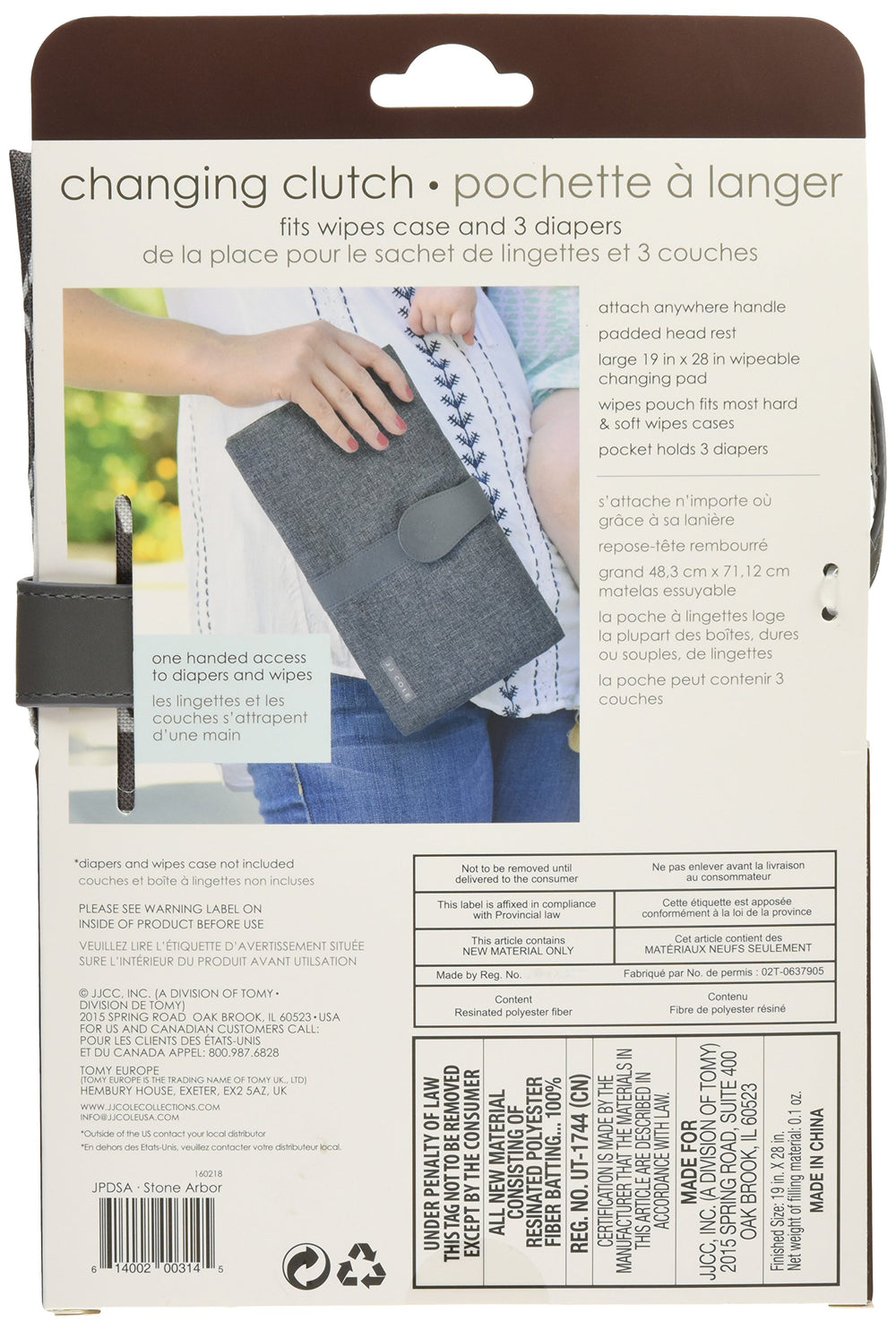 JJ Cole Diaper Changing Clutch Stone Arbor 19x28 inch pad unfolds for comfortable changes.