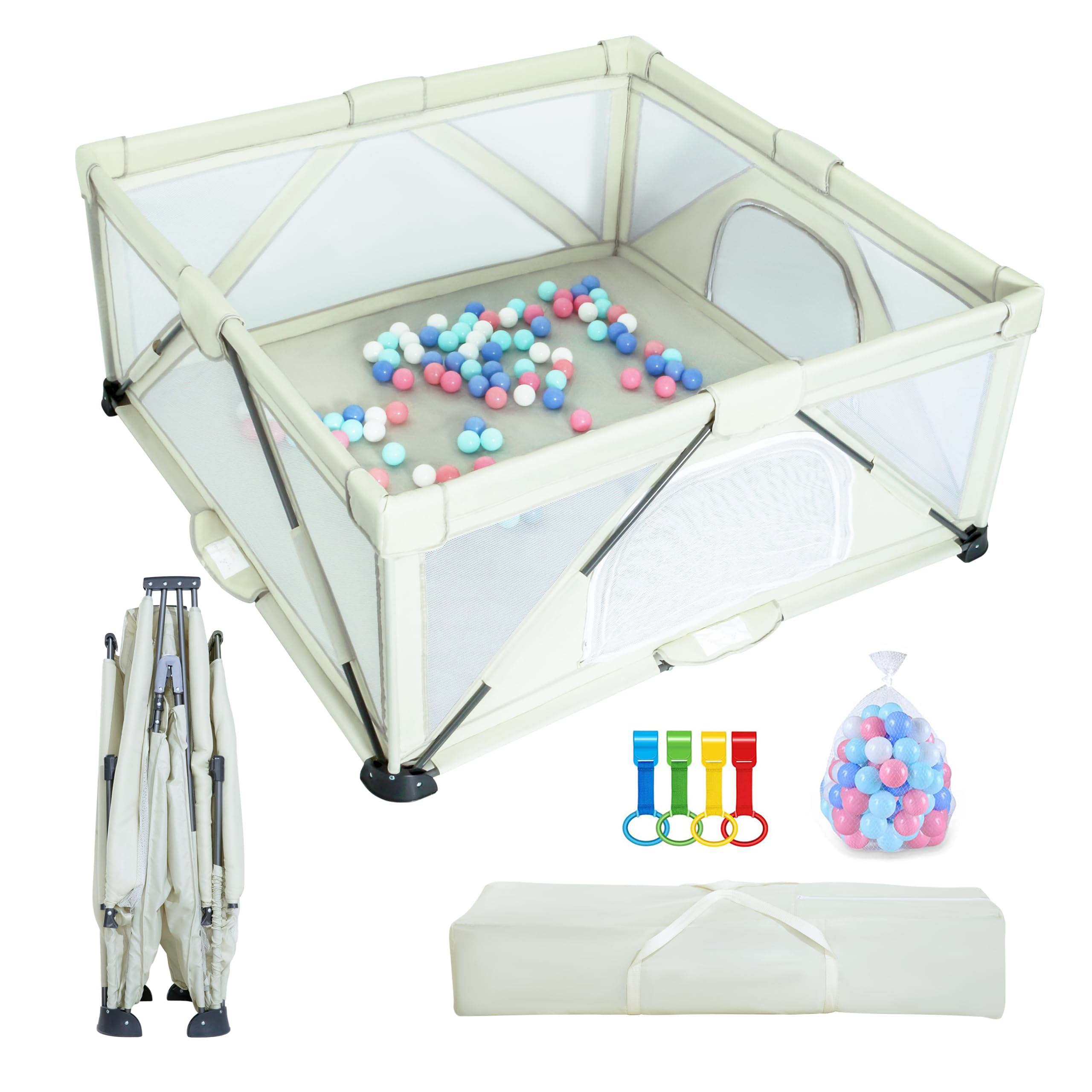 JJKAKA baby playpen foldable 59x59 inches, quick setup for travel and on-the-go use.