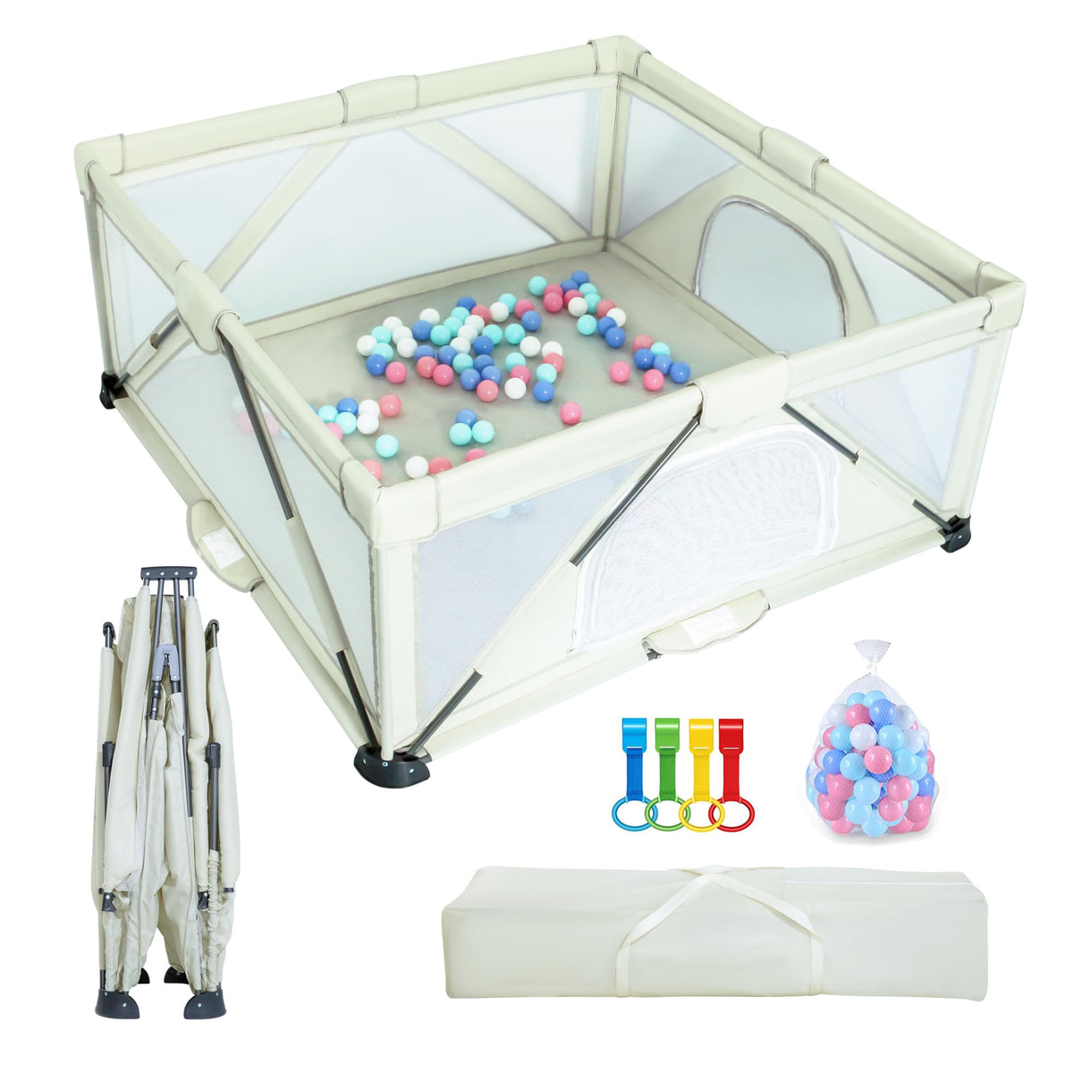 JJKAKA baby playpen foldable 59x59 inches, quick setup for travel and on-the-go use.