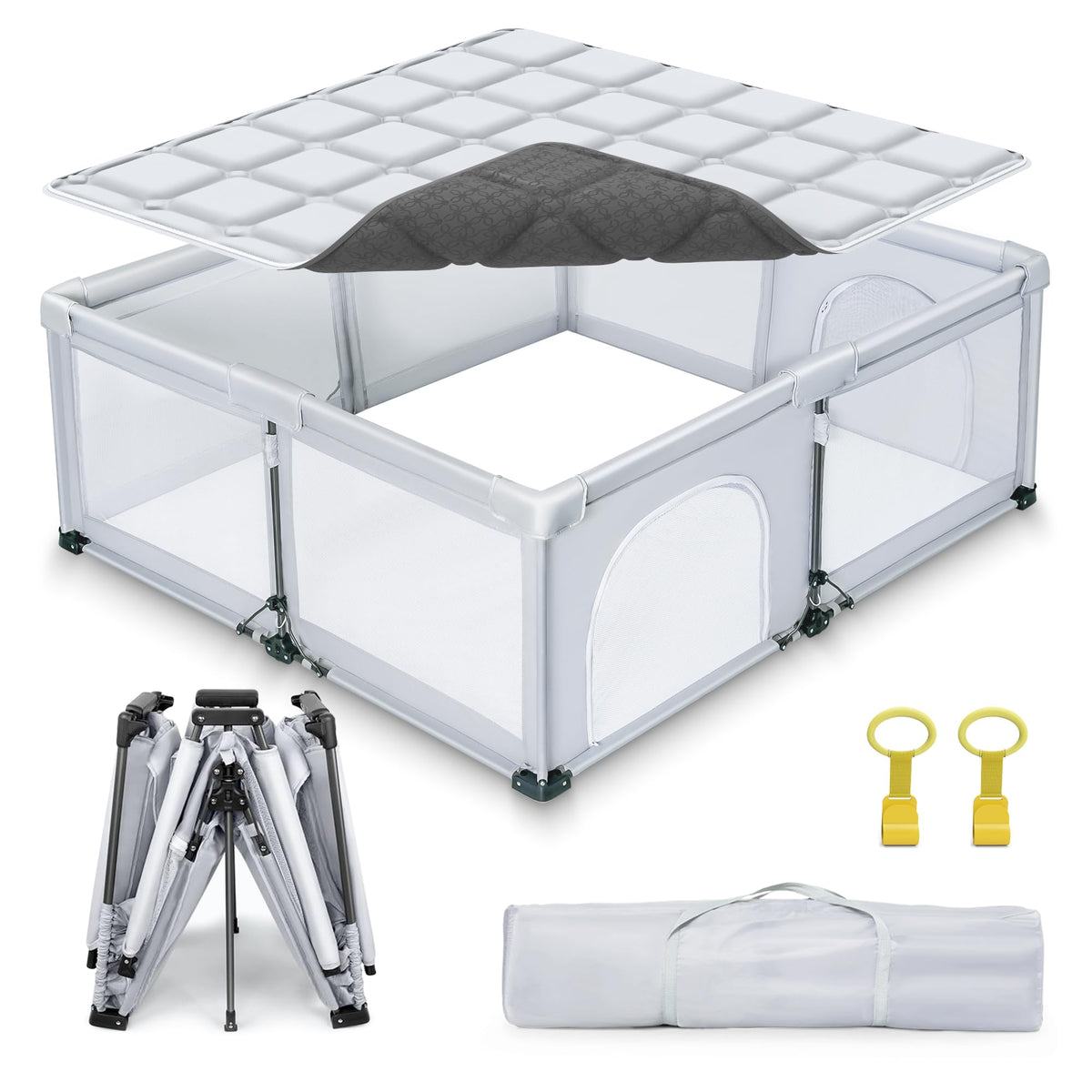JJKAKA foldable playpen setup shows quick assembly for busy parents.