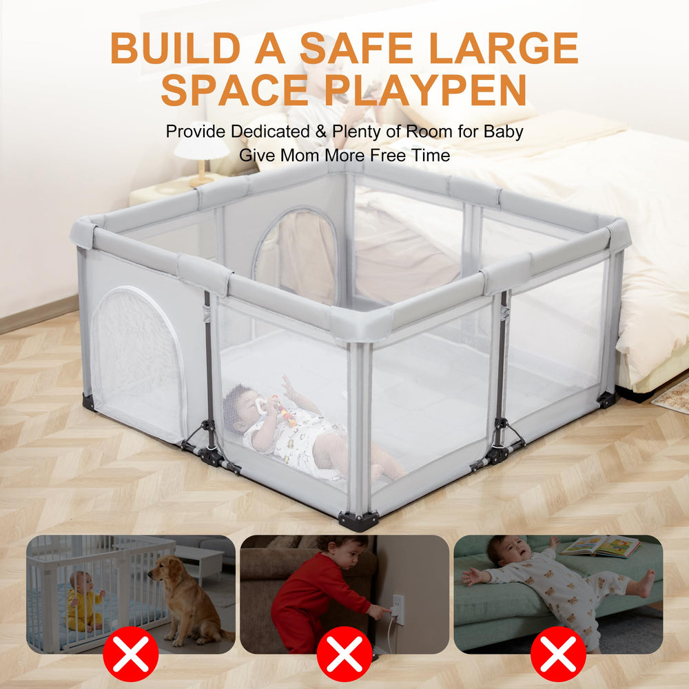 JJKAKA foldable playpen dual-zip doors ensure safe in/out access.
