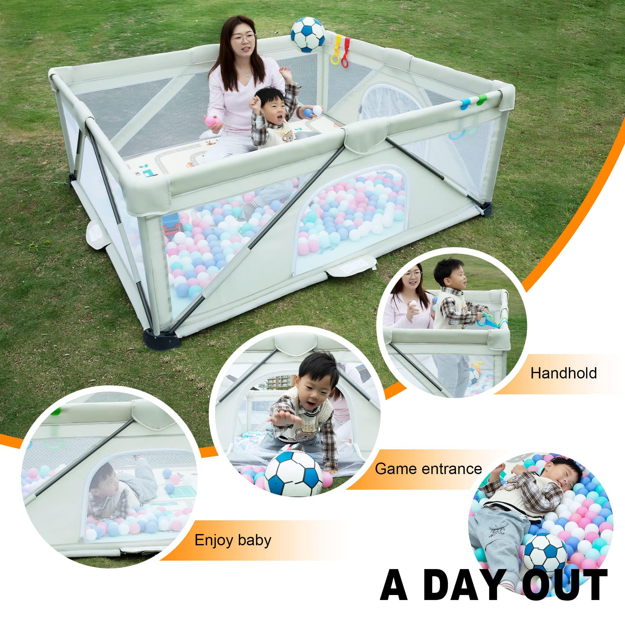 JJKAKA mesh panel playpen offers clear visibility during play.