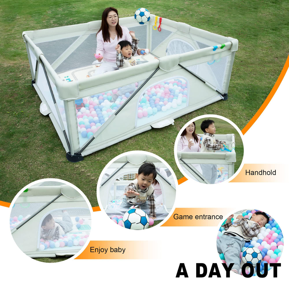 JJKAKA mesh panel playpen offers clear visibility during play.