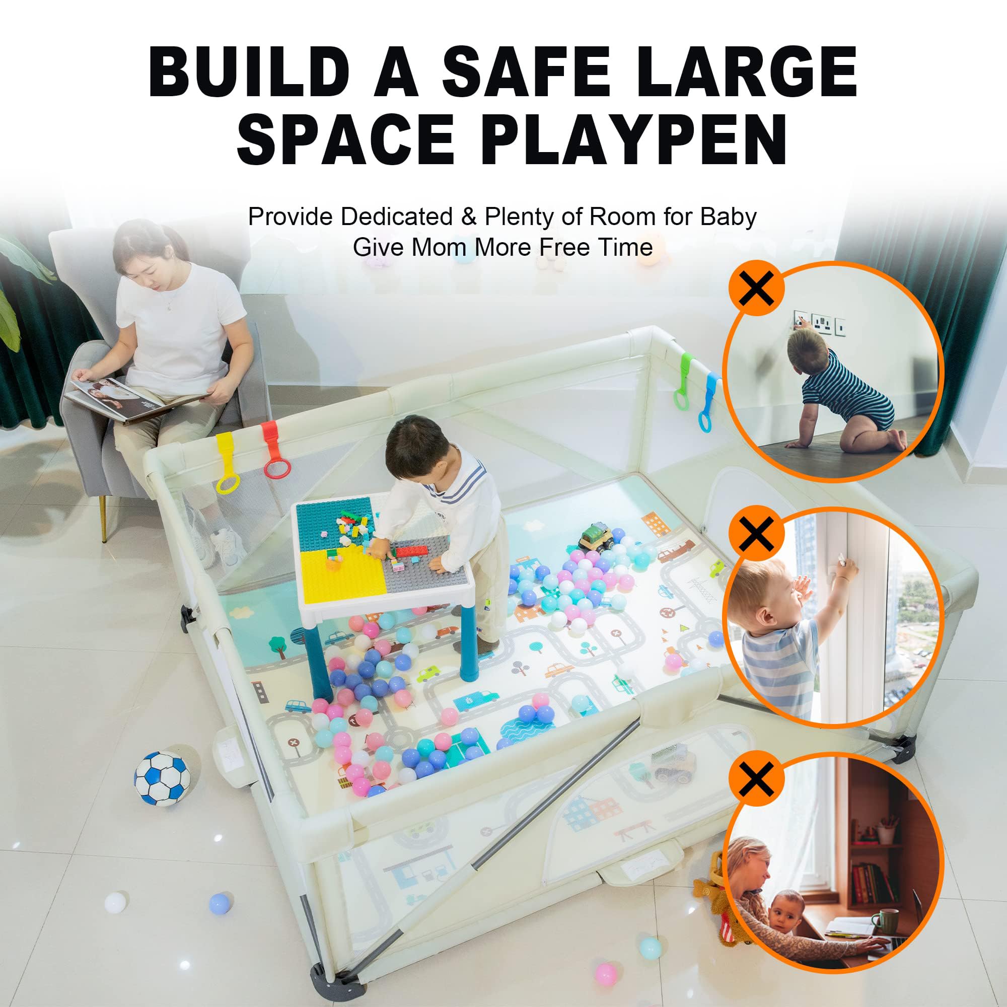 JJKAKA playpen with non-slip feet stays stable on floors.