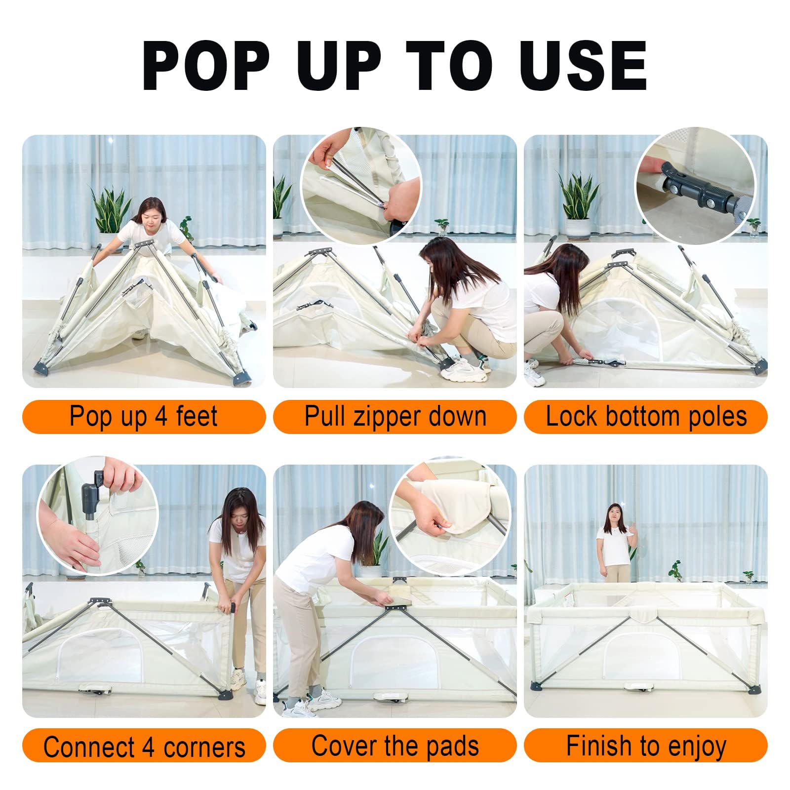 JJKAKA large play yard 59x59 inches provides roomy space for babies.