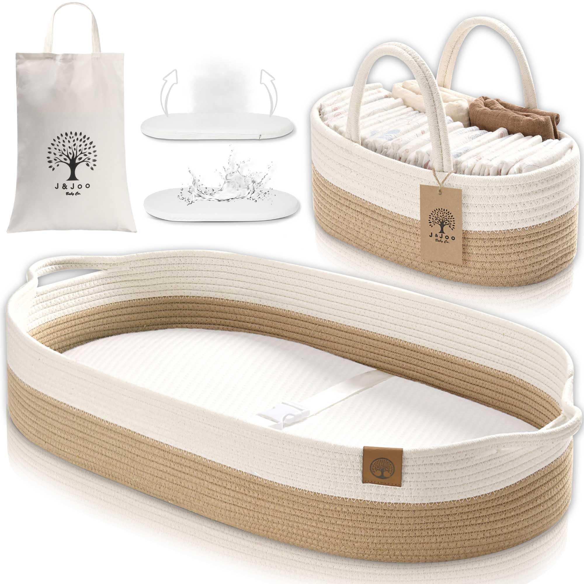 JJOO baby changing basket with two covers for comfort and easy cleaning.