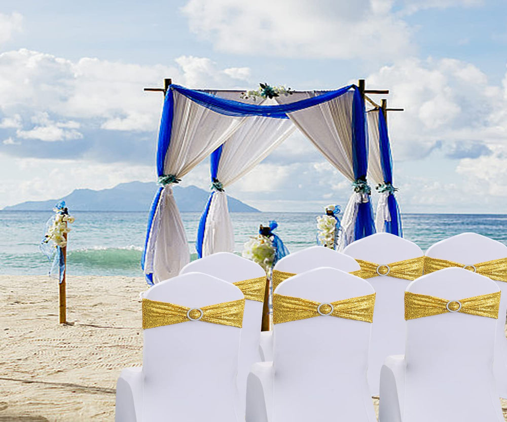 JKDMJF glitter gold chair sash wedding decor for elegant reception.