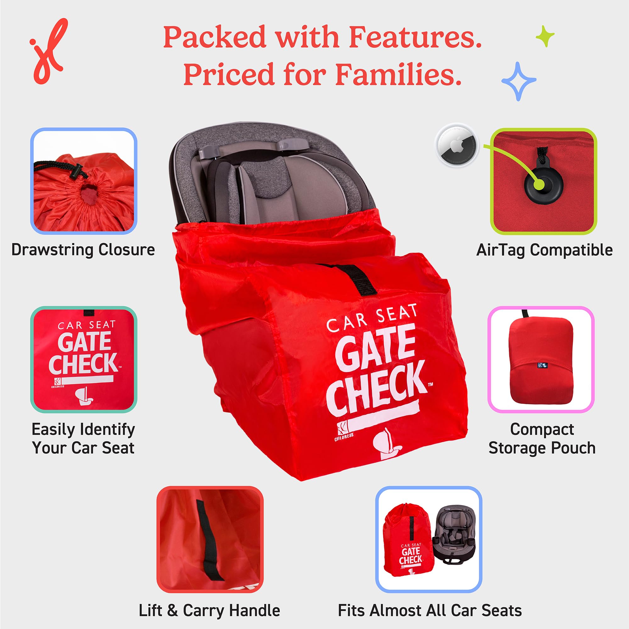 Bright red gate check bag stands out for quick staff recognition at the gate
