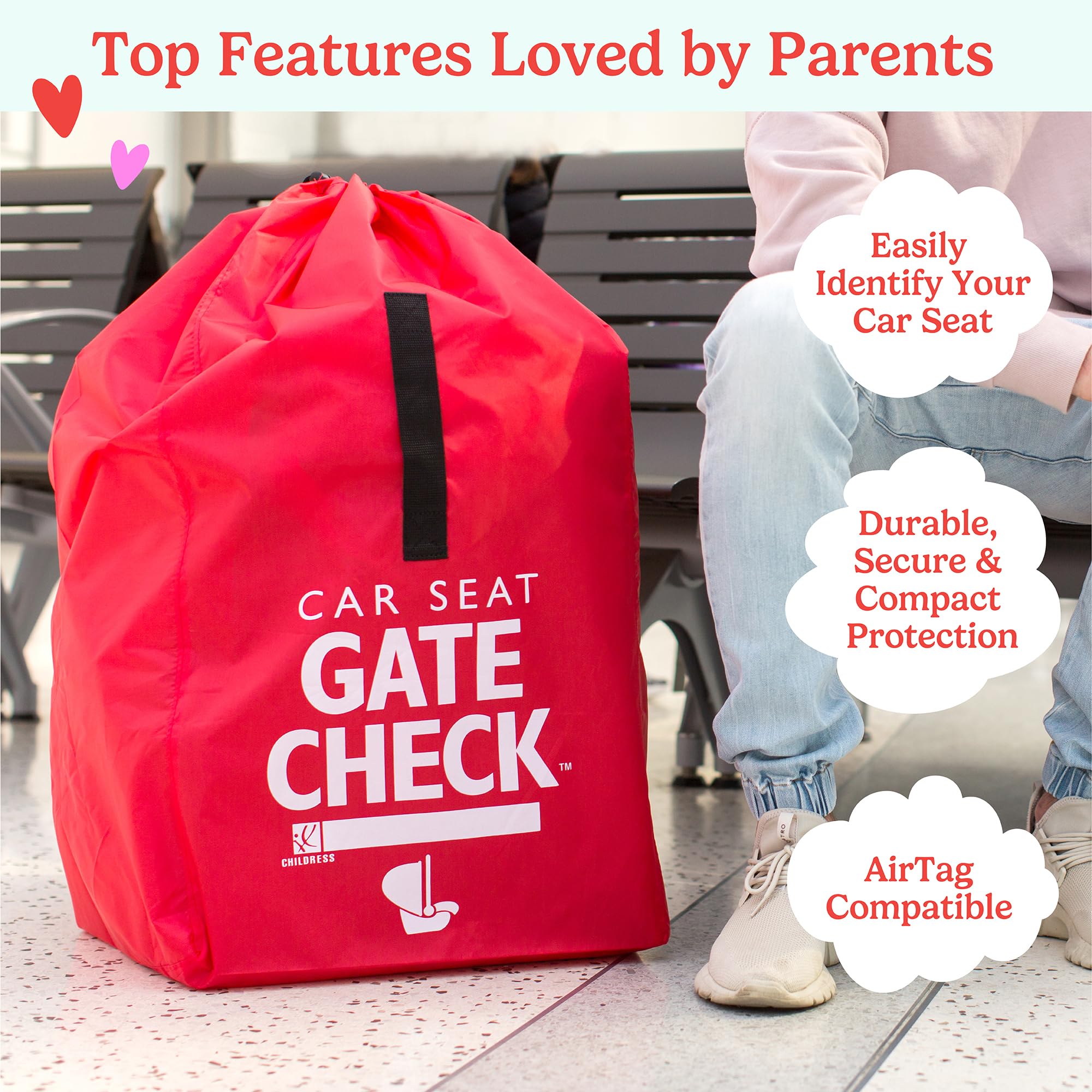 Durable polyester gate check bag with reinforced seams for car seats on the go