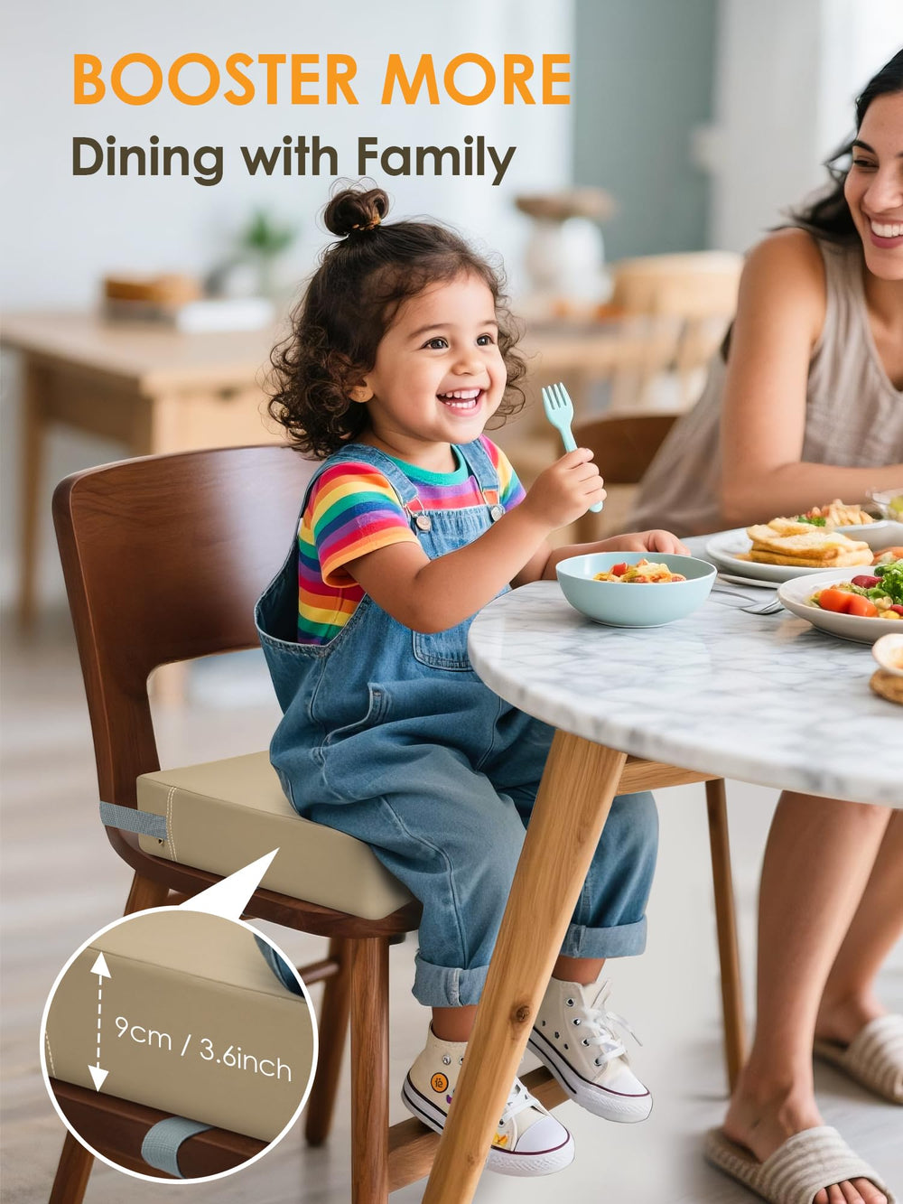JLGCUF booster seat cushion and backrest provide comfortable support during meals.