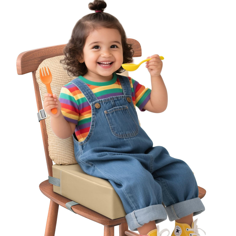 JLGCUF booster seat attached to a chair with secure straps for safe dining.