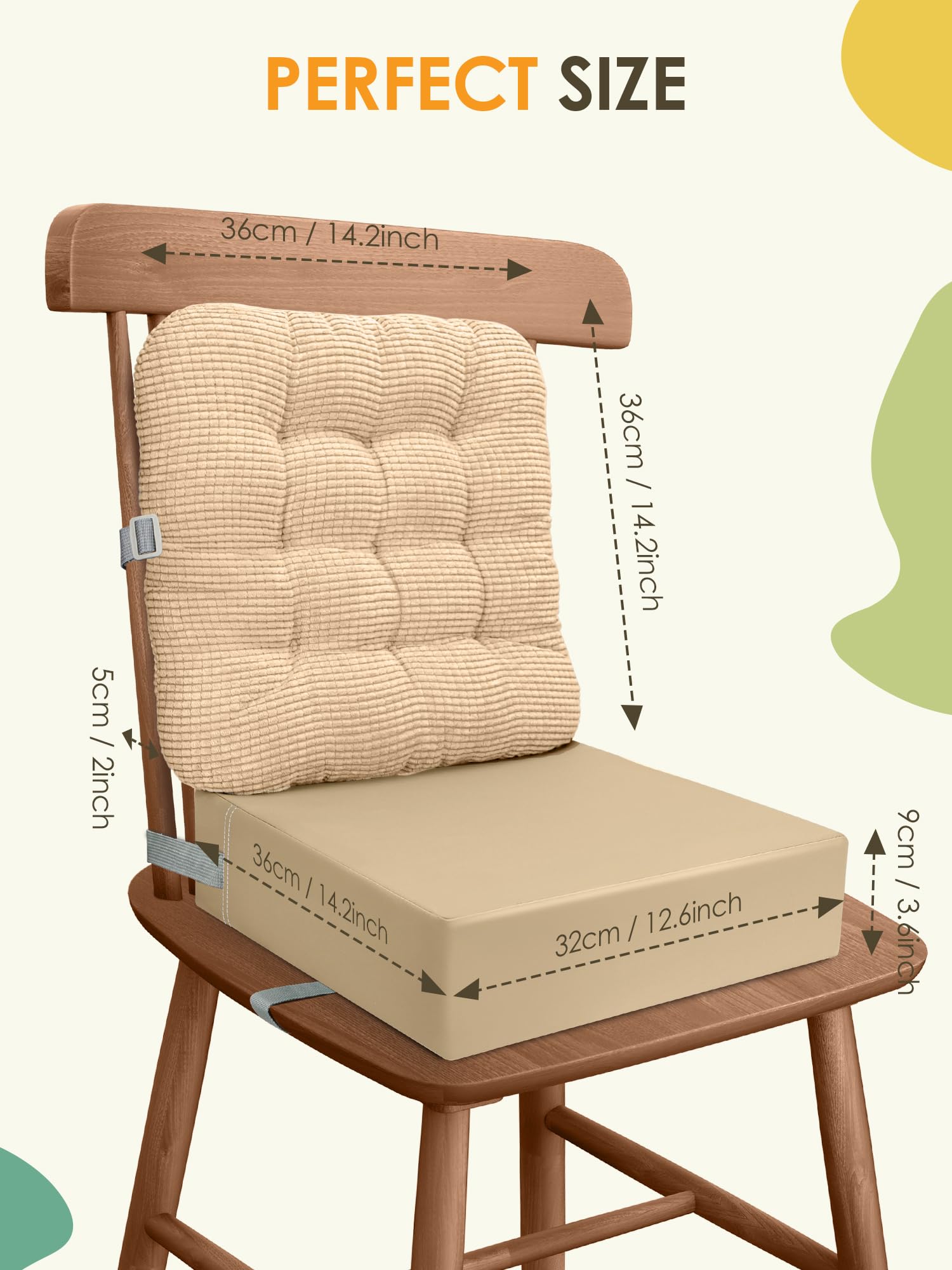 JLGCUF booster seat adjustable straps ensure a secure fit on most chairs.