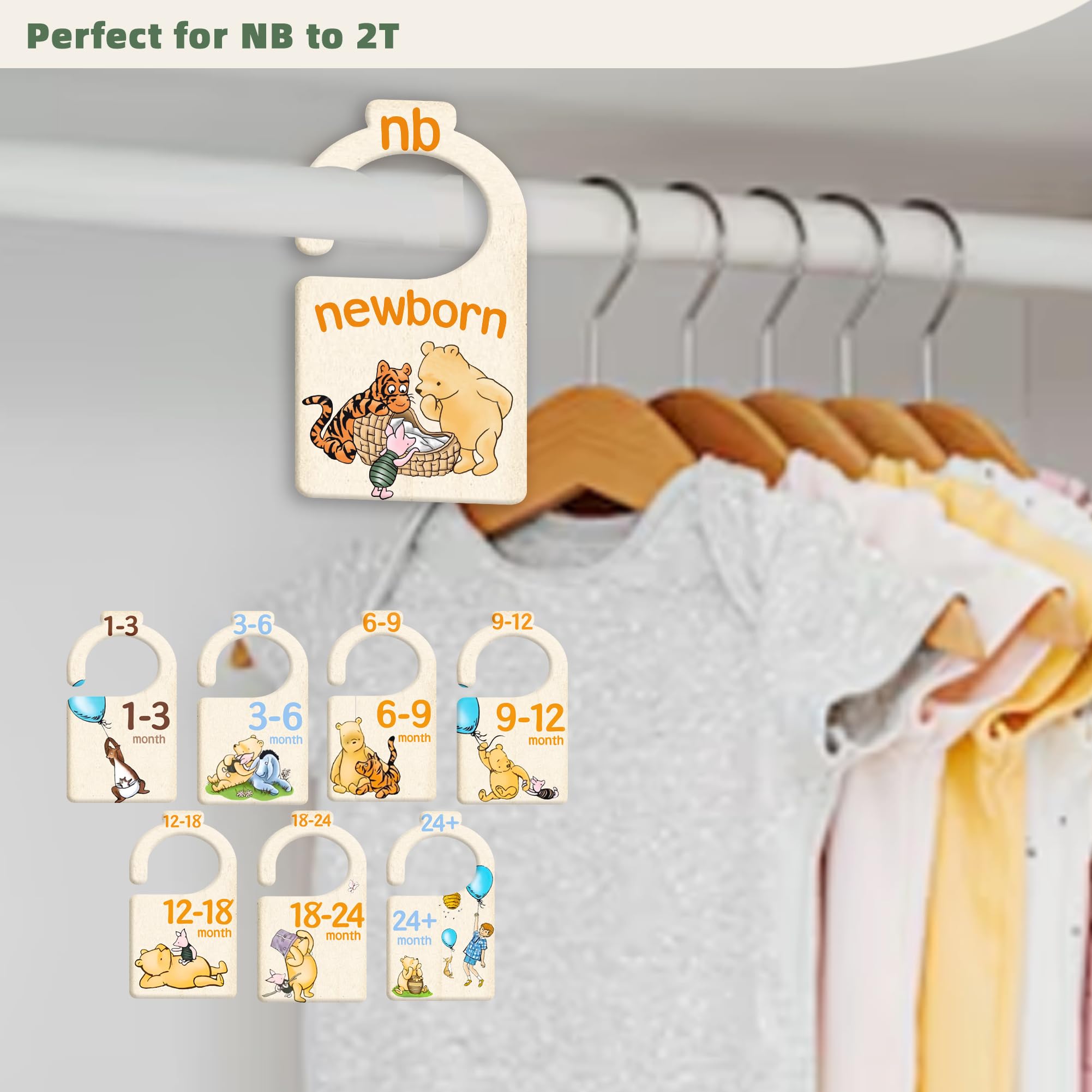 JMOST Pooh Bear labels on dividers help fast outfit decisions in the nursery.