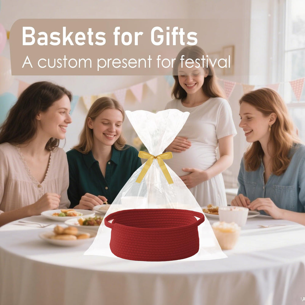 Basket on a shelf demonstrates tidy closet storage with a red accent