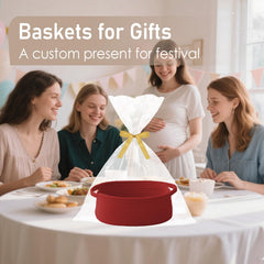 Basket on a shelf demonstrates tidy closet storage with a red accent