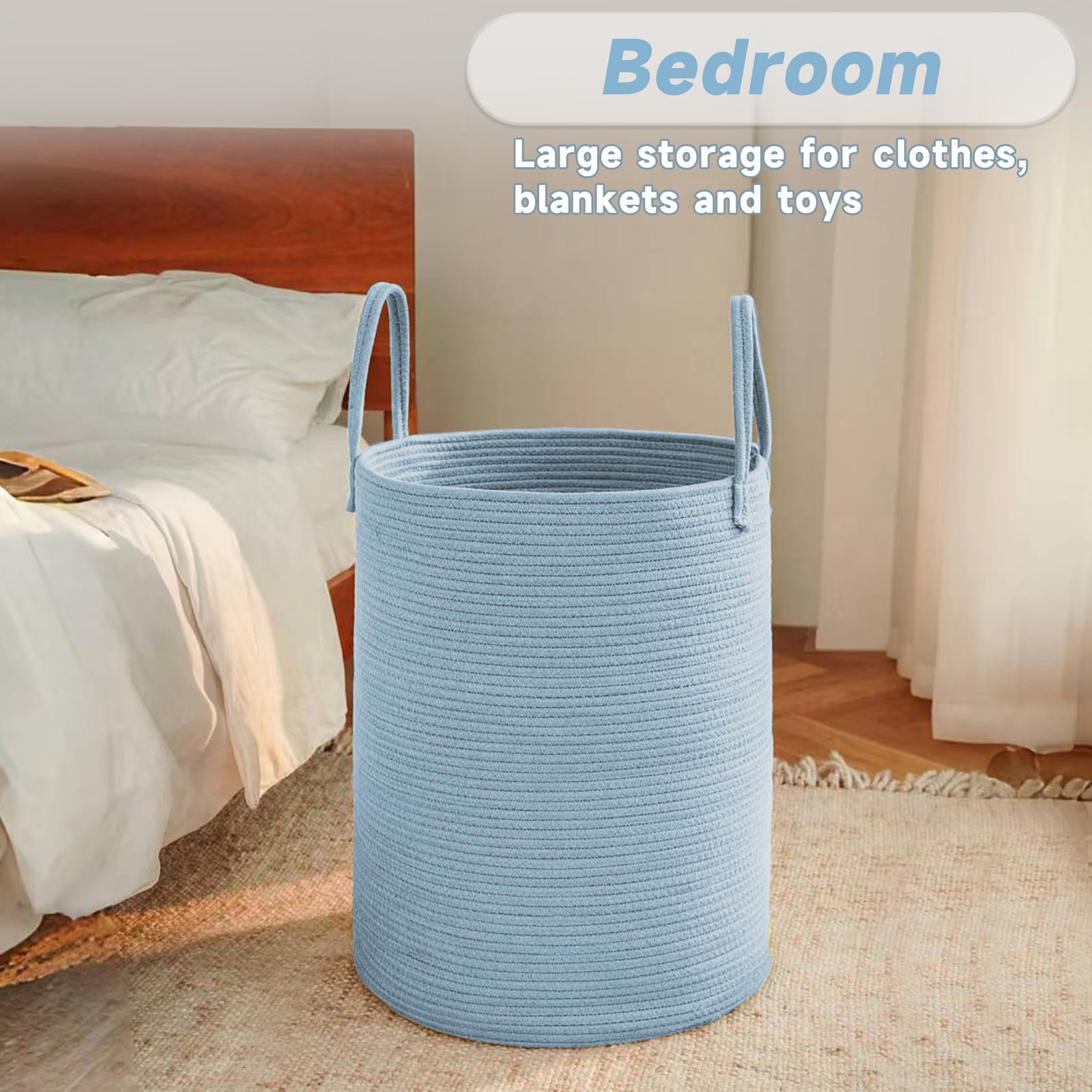 JMvicyroam blue woven basket in living room setup - versatile storage for toys and blankets.