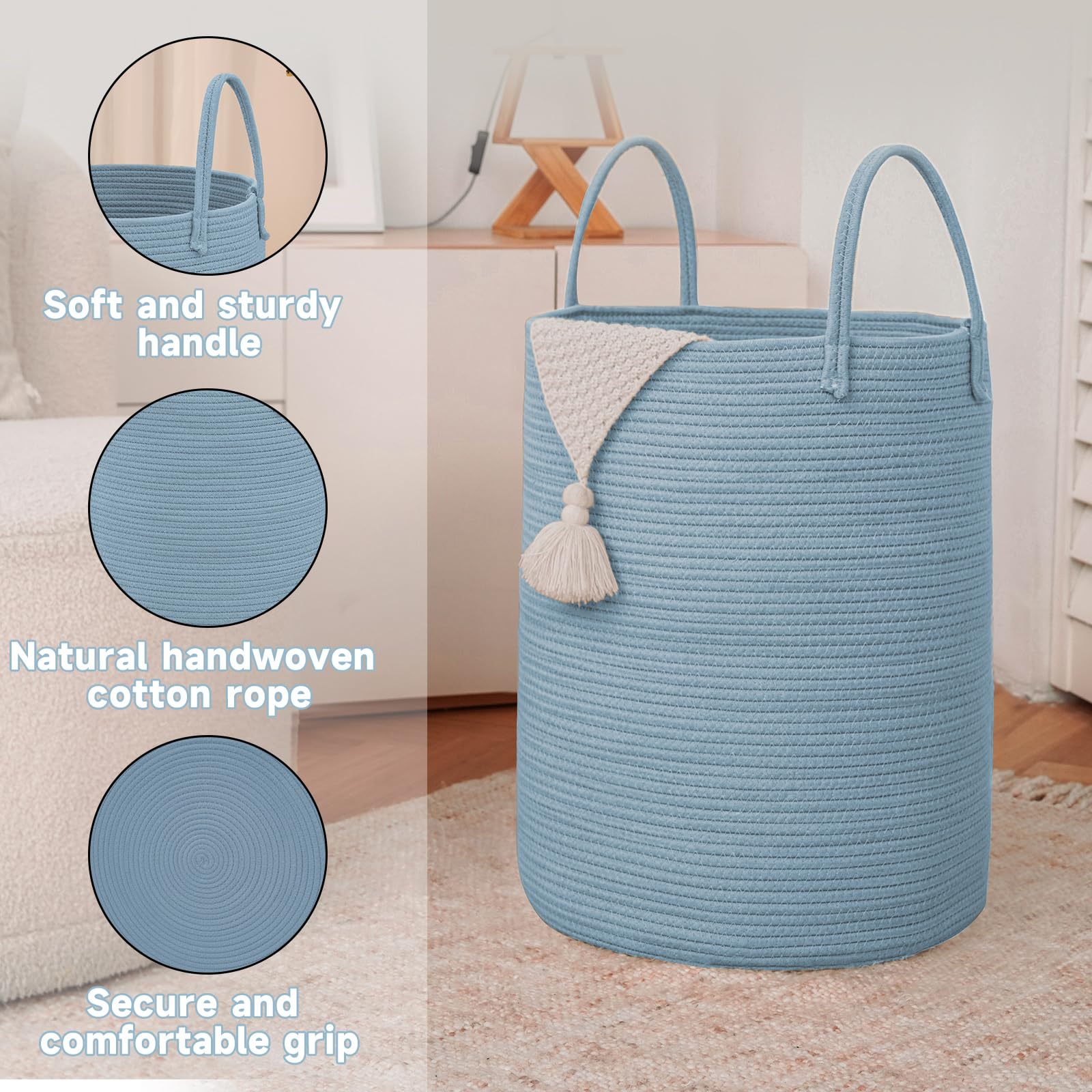 JMvicyroam blue woven basket texture detail - natural cotton rope without plastics.