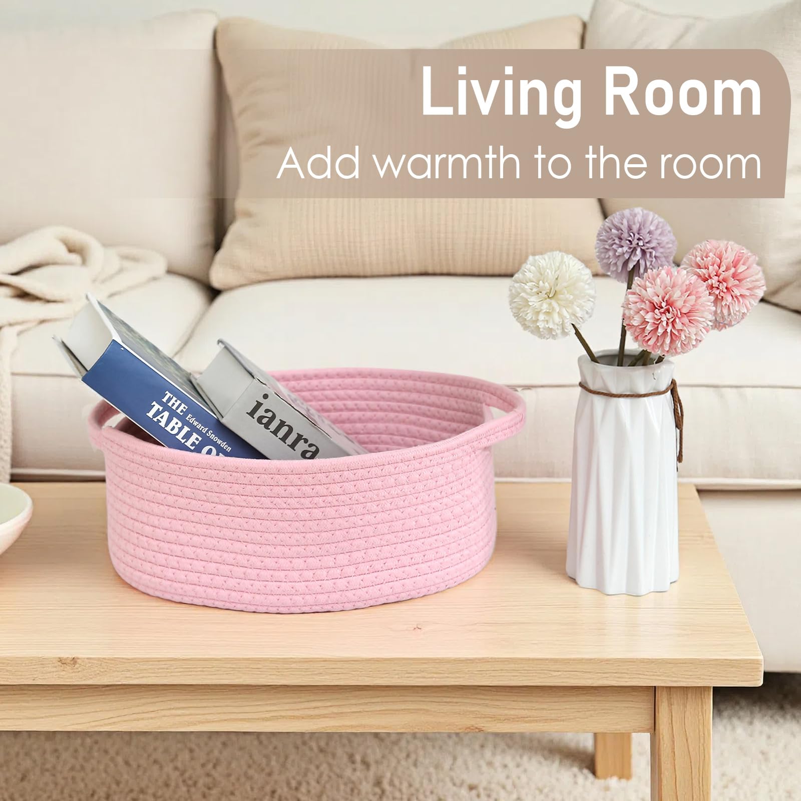 Pink storage bin for toys and books keeps living spaces tidy.