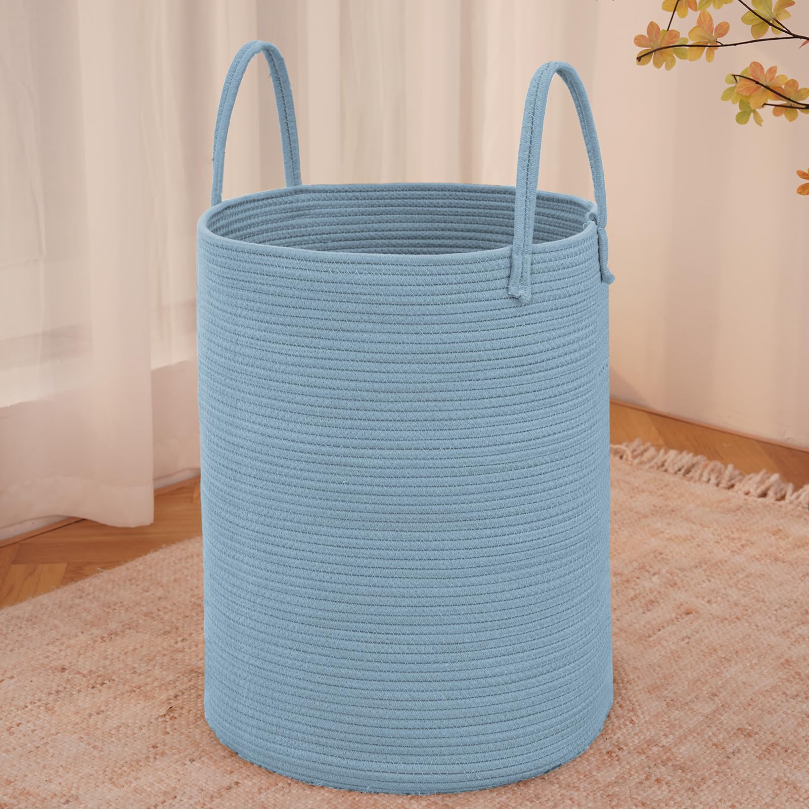 JMvicyroam large blue woven laundry basket 60L for blankets and clothes.