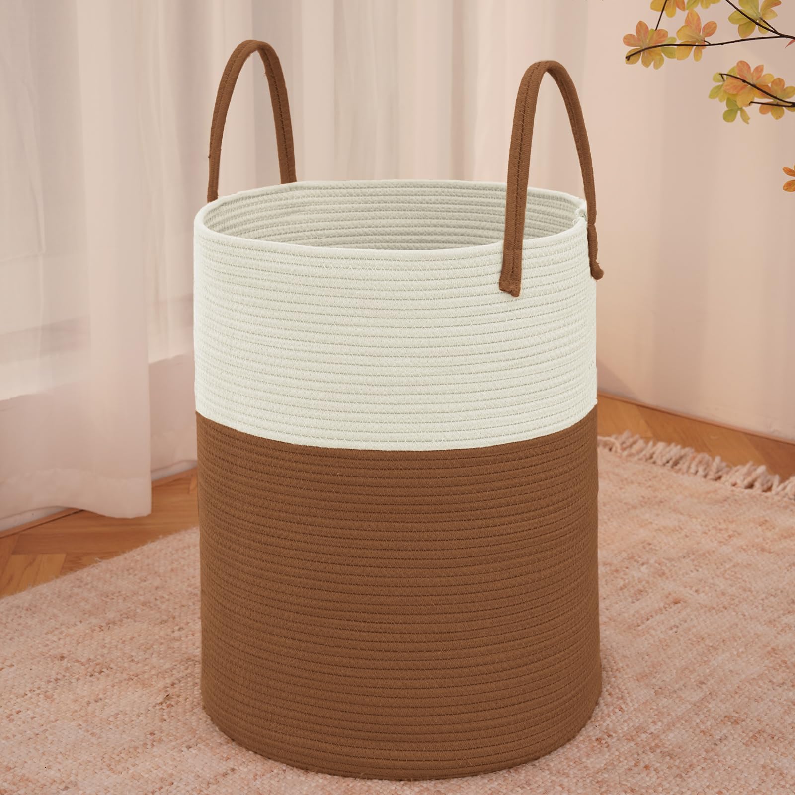 JMvicyroam large woven laundry basket with 80L capacity for blankets and towels.