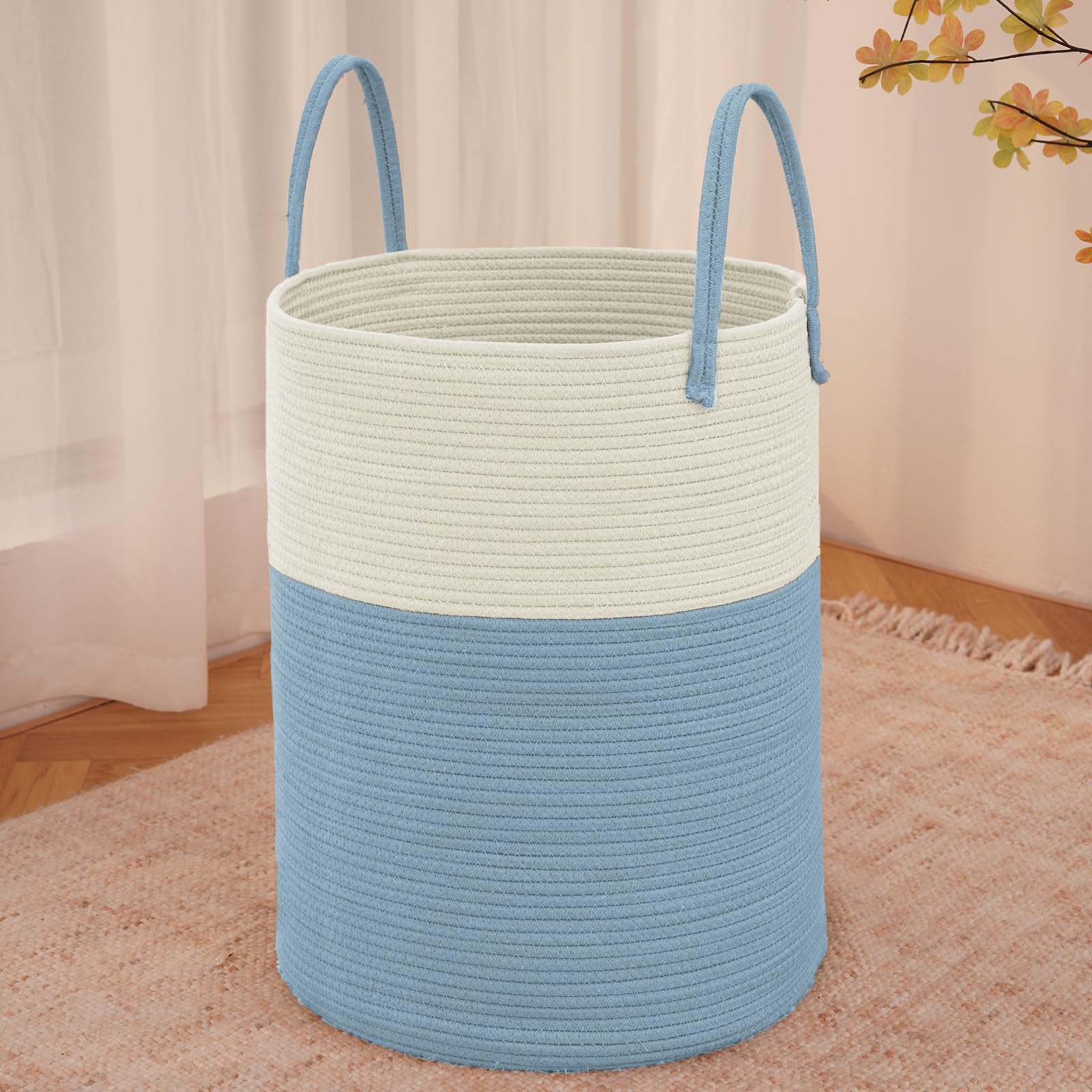 JMvicyroam large woven laundry basket front view showing 100L capacity for blankets.